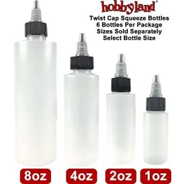 Hobbyland Squeeze Bottles, LDPE Plastic Bottles, Natural Cylinder Bottles, Black and Natural Twist Caps (4oz, 6 Bottles)