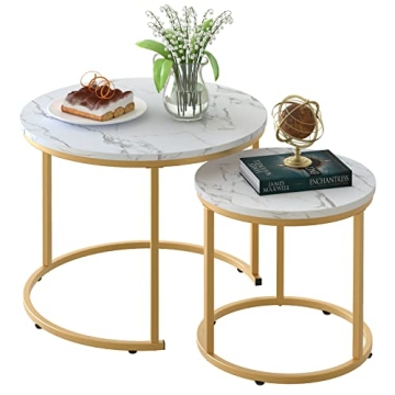 aboxoo Coffee Table Nesting White Set of 2 Side Set Golden Frame Circular Round and Marble Pattern W...