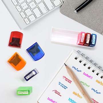 Reliancer Colorful Self-Inking Motivation School Grading Teacher Stamp Set and Tray (8-Piece)