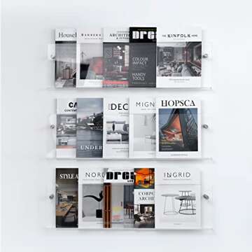 XOHYW Clear Acrylic Brochure Holder Wall Mount 3 Tier, Hanging Bookshelf Magazine Rack Literature Storage Rack for Waiting Room, Living Room, Office, Home Display