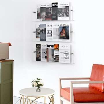 XOHYW Clear Acrylic Brochure Holder Wall Mount 3 Tier, Hanging Bookshelf Magazine Rack Literature Storage Rack for Waiting Room, Living Room, Office, Home Display