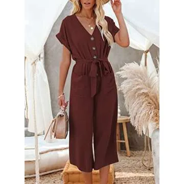 Acelitt Women's Fashion 2024 Casual Fall V Neck Short Sleeve Button High Waist Belted Wide Leg Jumpsuits Red Small