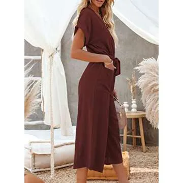 Acelitt Women's Fashion 2024 Casual Fall V Neck Short Sleeve Button High Waist Belted Wide Leg Jumpsuits Red Small