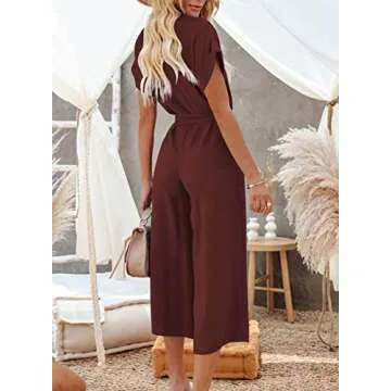 Acelitt Women's Fashion 2024 Casual Fall V Neck Short Sleeve Button High Waist Belted Wide Leg Jumpsuits Red Small
