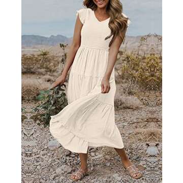 MEROKEETY Women's Flutter Sleeve Smocked Midi Dress V Neck Casual Tiered Dresses with Pockets, Beige, M