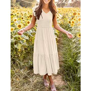 MEROKEETY Women's Flutter Sleeve Smocked Midi Dress V Neck Casual Tiered Dresses with Pockets, Beige, M