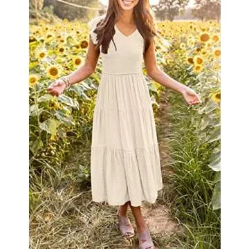 MEROKEETY Women's Flutter Sleeve Smocked Midi Dress V Neck Casual Tiered Dresses with Pockets, Beige, M