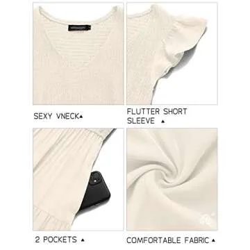 MEROKEETY Women's Flutter Sleeve Smocked Midi Dress V Neck Casual Tiered Dresses with Pockets, Beige, M