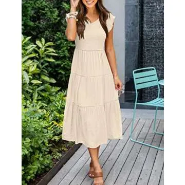 MEROKEETY Women's Flutter Sleeve Smocked Midi Dress V Neck Casual Tiered Dresses with Pockets, Beige, M
