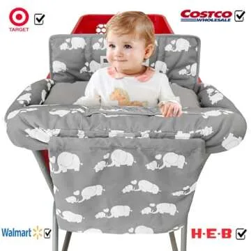 Soft Pillow Attached 2-in-1 Shopping Cart and High Chair Cover for Baby, Cotton Padded Cart Cover, Fold'n Roll Style, Portable with Carry Bag (Gray Elephant)