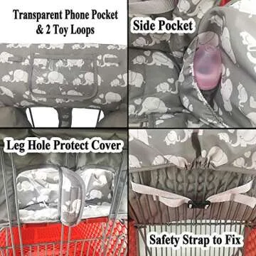 Soft Pillow Attached 2-in-1 Shopping Cart and High Chair Cover for Baby, Cotton Padded Cart Cover, Fold'n Roll Style, Portable with Carry Bag (Gray Elephant)