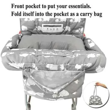 Soft Pillow Attached 2-in-1 Shopping Cart and High Chair Cover for Baby, Cotton Padded Cart Cover, Fold'n Roll Style, Portable with Carry Bag (Gray Elephant)