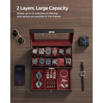 SONGMICS 12-Slot Lockable Watch Box with Drawer