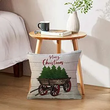 ULOVE LOVE YOURSELF 2Pack Merry Christmas Pillow Cover with Christmas Tree and Vintage Red Truck Pattern Cotton Linen Home Decorative Throw Cushion Case 18 x 18 inch (Christmas-1)