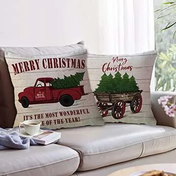 ULOVE LOVE YOURSELF 2Pack Merry Christmas Pillow Cover with Christmas Tree and Vintage Red Truck Pattern Cotton Linen Home Decorative Throw Cushion Case 18 x 18 inch (Christmas-1)