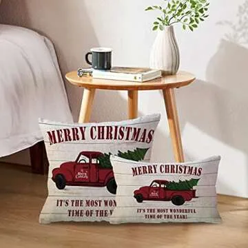 ULOVE LOVE YOURSELF 2Pack Merry Christmas Pillow Cover with Christmas Tree and Vintage Red Truck Pattern Cotton Linen Home Decorative Throw Cushion Case 18 x 18 inch (Christmas-1)