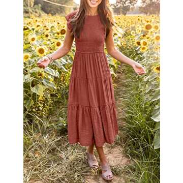 MEROKEETY Women's Flutter Short Sleeve Smocked Midi Dress Summer Casual Tiered A-Line Dress,Rust,S