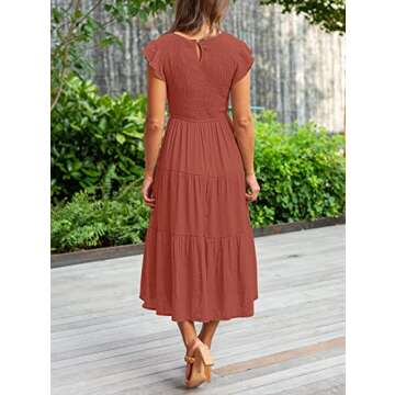 MEROKEETY Women's Flutter Short Sleeve Smocked Midi Dress Summer Casual Tiered A-Line Dress,Rust,S
