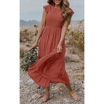 MEROKEETY Women's Flutter Short Sleeve Smocked Midi Dress Summer Casual Tiered A-Line Dress,Rust,S