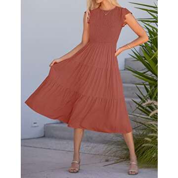MEROKEETY Women's Flutter Short Sleeve Smocked Midi Dress Summer Casual Tiered A-Line Dress,Rust,S
