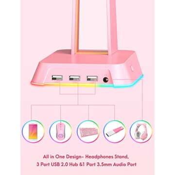 SOSISU RGB Headphones Stand with 3.5mm AUX and 3 USB 2.0 Ports, Gaming Headset Holder Hanger with Non-Slip Rubber Base for SOSISU Gaming Headset(Not Included), PC, Desktop (Pink)