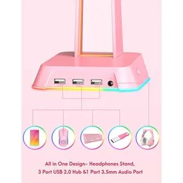 SOSISU RGB Headphones Stand with 3.5mm AUX and 3 USB 2.0 Ports, Gaming Headset Holder Hanger with Non-Slip Rubber Base for SOSISU Gaming Headset(Not Included), PC, Desktop (Pink)