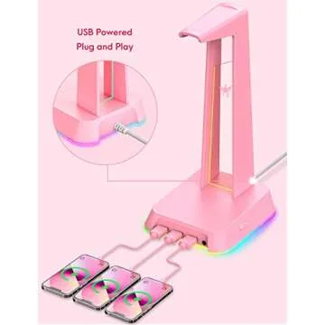 SOSISU RGB Headphones Stand with 3.5mm AUX and 3 USB 2.0 Ports, Gaming Headset Holder Hanger with Non-Slip Rubber Base for SOSISU Gaming Headset(Not Included), PC, Desktop (Pink)