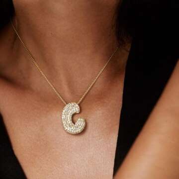 KissYan Bubble Letter Necklace, 14K Gold Plated Personalized Puffy Balloon Initial Pendant with Elegant Box Chain, Inlaid Square & Round CZ Stones for Women Dainty Jewelry Gifts (Gold A)