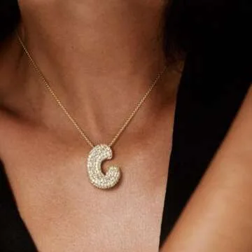 KissYan Bubble Letter Necklace, 14K Gold Plated Personalized Puffy Balloon Initial Pendant with Elegant Box Chain, Inlaid Square & Round CZ Stones for Women Dainty Jewelry Gifts (Gold A)