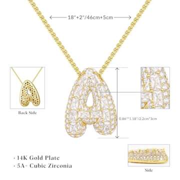 KissYan Bubble Letter Necklace, 14K Gold Plated Personalized Puffy Balloon Initial Pendant with Elegant Box Chain, Inlaid Square & Round CZ Stones for Women Dainty Jewelry Gifts (Gold A)