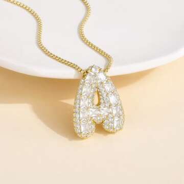 KissYan Bubble Letter Necklace, 14K Gold Plated Personalized Puffy Balloon Initial Pendant with Elegant Box Chain, Inlaid Square & Round CZ Stones for Women Dainty Jewelry Gifts (Gold A)