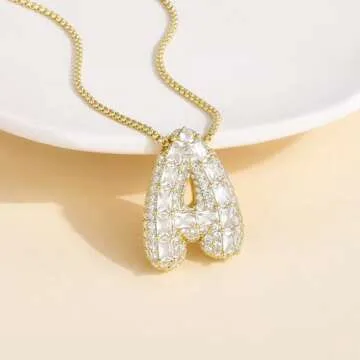 KissYan Bubble Letter Necklace, 14K Gold Plated Personalized Puffy Balloon Initial Pendant with Elegant Box Chain, Inlaid Square & Round CZ Stones for Women Dainty Jewelry Gifts (Gold A)