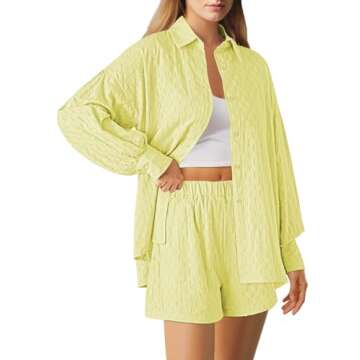 HAPCOPE Women's 2 Piece Outfits Oversized Button Down Long Sleeve Blouse Shirts High Waist Shorts Se...