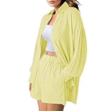 HAPCOPE Women's 2 Piece Outfits Oversized Button Down Long Sleeve Blouse Shirts High Waist Shorts Set Yellow S