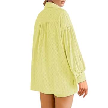 HAPCOPE Women's 2 Piece Outfits Oversized Button Down Long Sleeve Blouse Shirts High Waist Shorts Set Yellow S