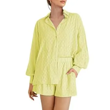 HAPCOPE Women's 2 Piece Outfits Oversized Button Down Long Sleeve Blouse Shirts High Waist Shorts Set Yellow S