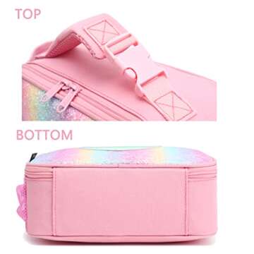 FlowFly Kids Lunch box Insulated Soft Bag Mini Cooler Back to School Thermal Meal Tote Kit for Girls, Boys, Glitter-RainBow