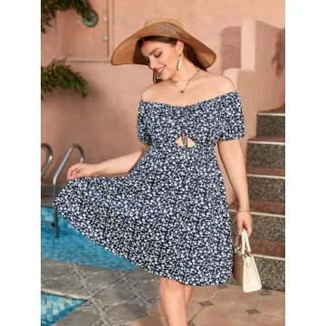 SOLY HUX Women's Plus Size Summer Dress Off Shoulder Floral