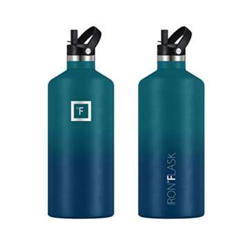 IRON °FLASK Camping & Hiking Hydration Canteens - 3 Lids (Narrow Straw Lid) Leak Proof Vacuum Insulated Stainless Steel - Hot & Cold Double Walled Sports Water Bottle - Dark Night, 64 Oz