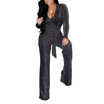 HannahZone Women's Sexy Sparkly Jumpsuits Clubwear Long Sleeve Elegant Party Rompers High Waisted Wide Leg Pants