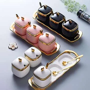 Fvstar Sugar Bowl with Lid and Spoon - Elegant Ceramic Condiment Jars Set for Kitchen