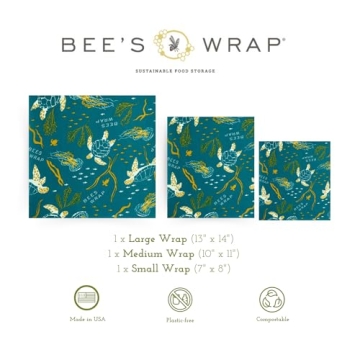Bee's Wrap Reusable Beeswax Food Wraps Made in the USA, Eco Friendly Beeswax Wraps for Food, Sustainable Food Storage Containers, Organic Cotton Food Wraps, Assorted 3 Pack (S, M, L), Ocean