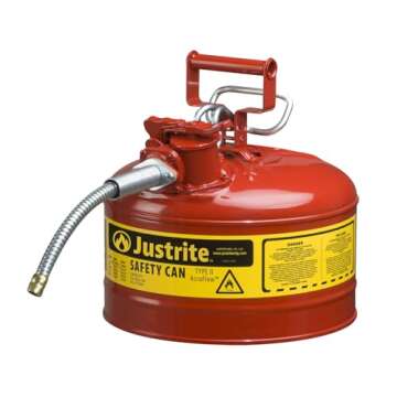 Justrite 2.5 Gallon Type II Safety Gas Can for Gasoline - Flame Arrester, Flexible Metal Spout, Made...