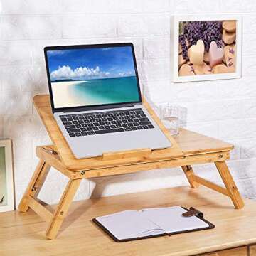 JANE EYRE Bamboo Lap Desk for Laptop Adjustable Portable Breakfast Serving Bed Tray Sofa Tray Multifunctional Table with Tilting Top and Drawer