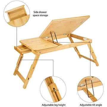 JANE EYRE Bamboo Lap Desk for Laptop Adjustable Portable Breakfast Serving Bed Tray Sofa Tray Multifunctional Table with Tilting Top and Drawer