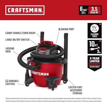 CRAFTSMAN CMXEVBE17584 6 Gallon 3.5 Peak HP Wet Dry Vac, Portable Shop Vacuum Wet and Dry with Filte...