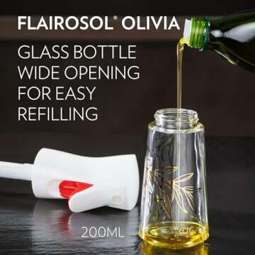 FLAIROSOL OLIVIA Oil Sprayer for Cooking, 200ml Glass Olive Oil Sprayer, Continuous Cooking Spray Bottle with Portion Control, Olive Oil Dispenser for Kitchen, Air Fryer, Salad, BBQ (Golden Leaves)