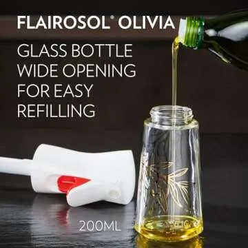 FLAIROSOL OLIVIA Oil Sprayer for Cooking, 200ml Glass Olive Oil Sprayer, Continuous Cooking Spray Bottle with Portion Control, Olive Oil Dispenser for Kitchen, Air Fryer, Salad, BBQ (Golden Leaves)