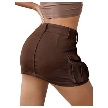 WDIRARA Women's Low Waist Button Bodycon Mini Cargo Denim Skirt with Pocket Brown Solid S
