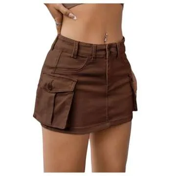 WDIRARA Women's Low Waist Button Bodycon Mini Cargo Denim Skirt with Pocket Brown Solid S